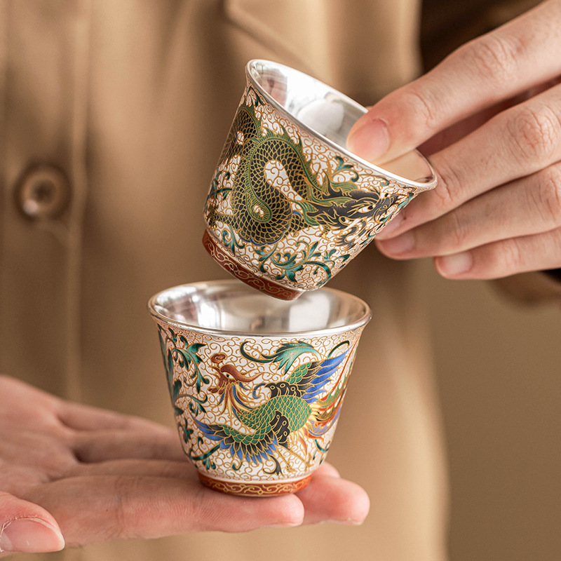 Cốc trà mạ bạc Long Phượng Tường cốc chủ nhân cao cấp sang trọng nhẹ bộ trà chuyên dụng dùng trong gia đình uống trà cốc pha trà