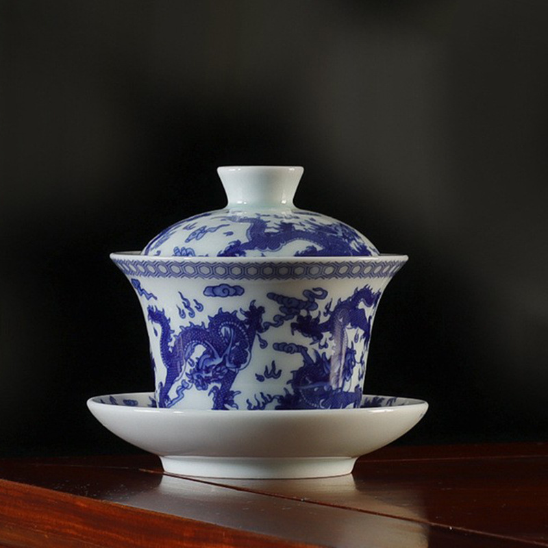 Cốc trà bát nắp tam tài sứ trắng xanh, bộ trà công phu gốm sứ cao cấp không nóng cỡ lớn, bộ trà bán buôn