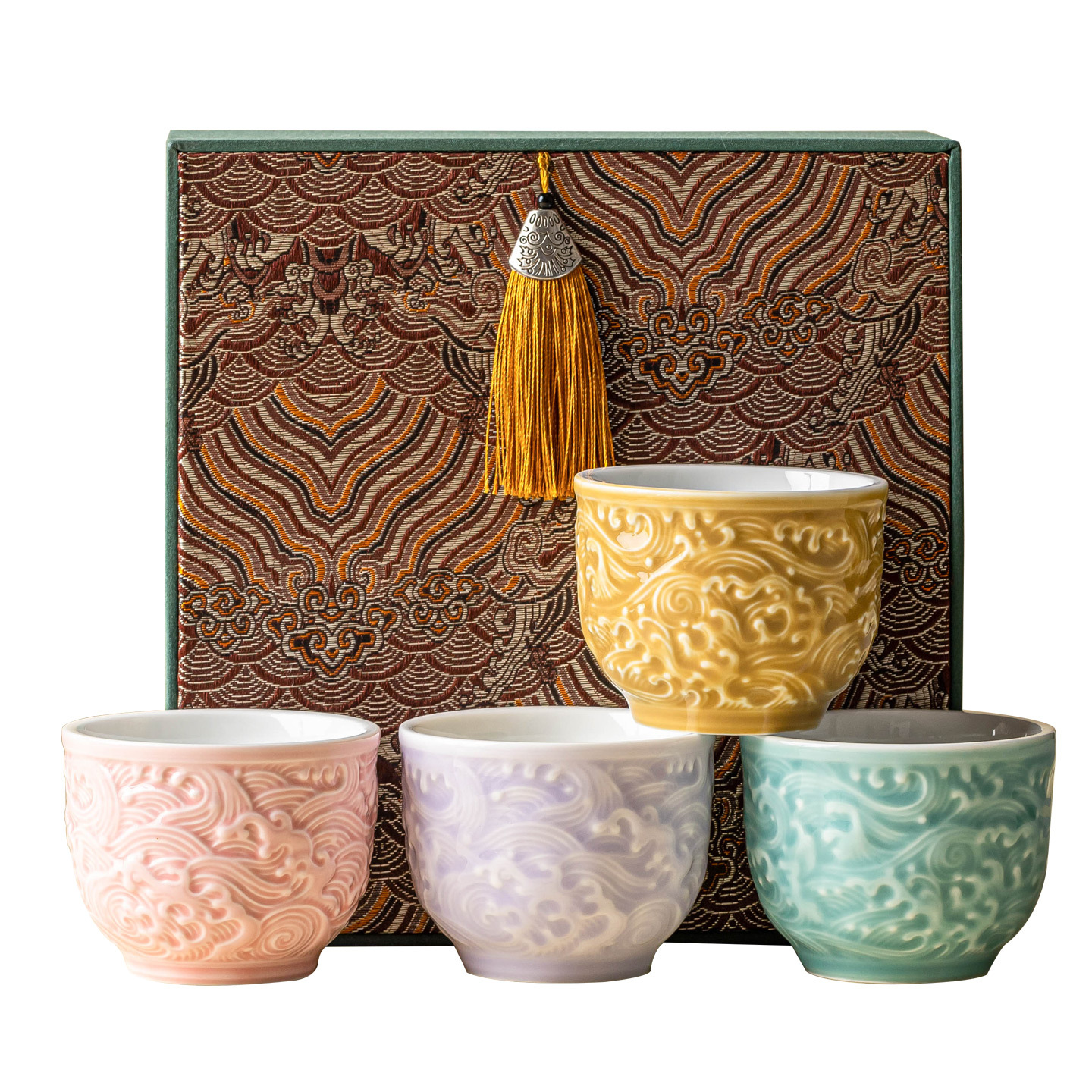 Cốc trà chạm nổi sóng Shuyun cốc chủ nhân cốc trà gốm sứ gia dụng Trung Quốc giá trị cao hộp quà chén trà tinh tế