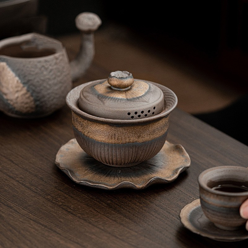 Bát ba chỉ mạ vàng cổ điển không nóng tay Bộ trà Kung Fu cầm tay Bát trà gốm thô Bộ trà mạ vàng Dụng cụ pha trà