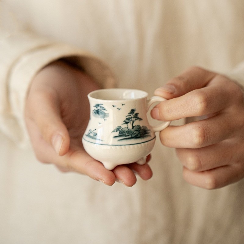 Tách trà vẽ tay, cỏ và gỗ màu xám men lót phong cảnh, bộ trà Kung Fu cao cấp gia dụng, tách trà gốm sứ