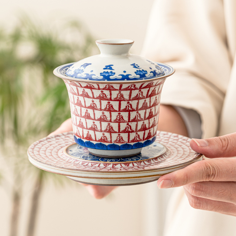 Mô phỏng lò Tống Ru sen vạn Phật tam tài Bát trà có nắp cốc trà cao cấp đơn Bộ pha trà Kung Fu gốm sứ