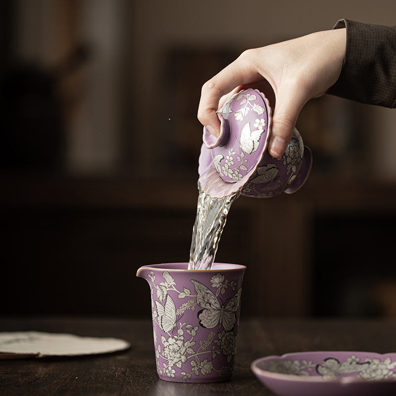 Màu tím Ru mạ bạc bướm tình yêu hoa ba cái nắp bát đựng trà gốm sứ có nắp tách trà bộ ấm trà có thể nâng cốc trà