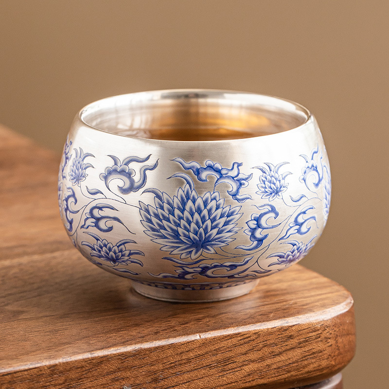 Cốc trà ánh sáng sang trọng mạ bạc 999 cốc chủ nhân từng bước hoa sen loạt thiền cốc gia dụng tách trà cốc