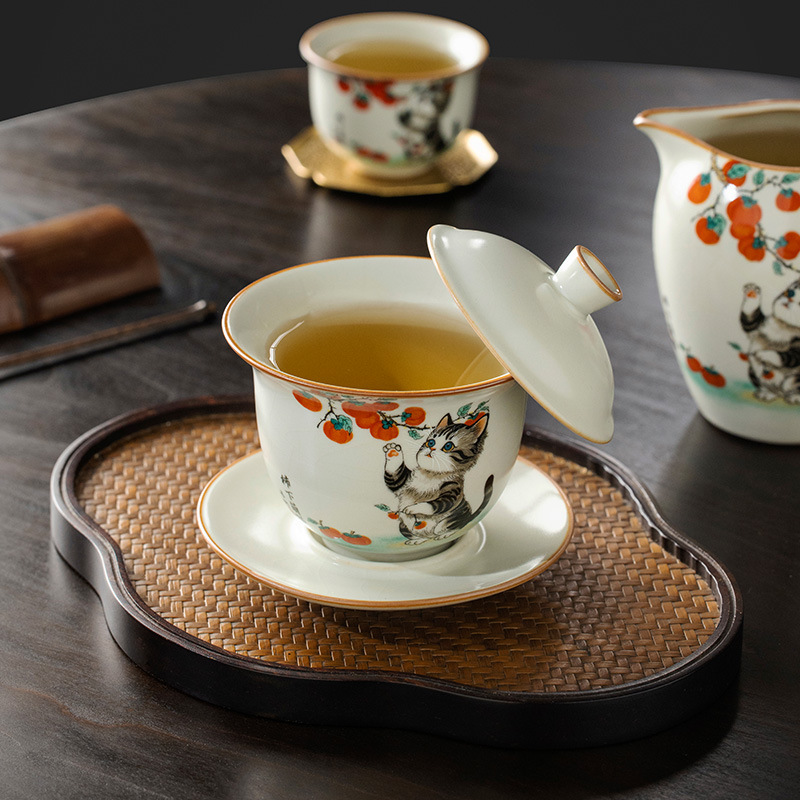 Bộ ấm chén trà cao cấp chống nóng, có nắp, họa tiết mèo dễ thương ba tài, kiểu dáng Ru Kiln Persimmon.