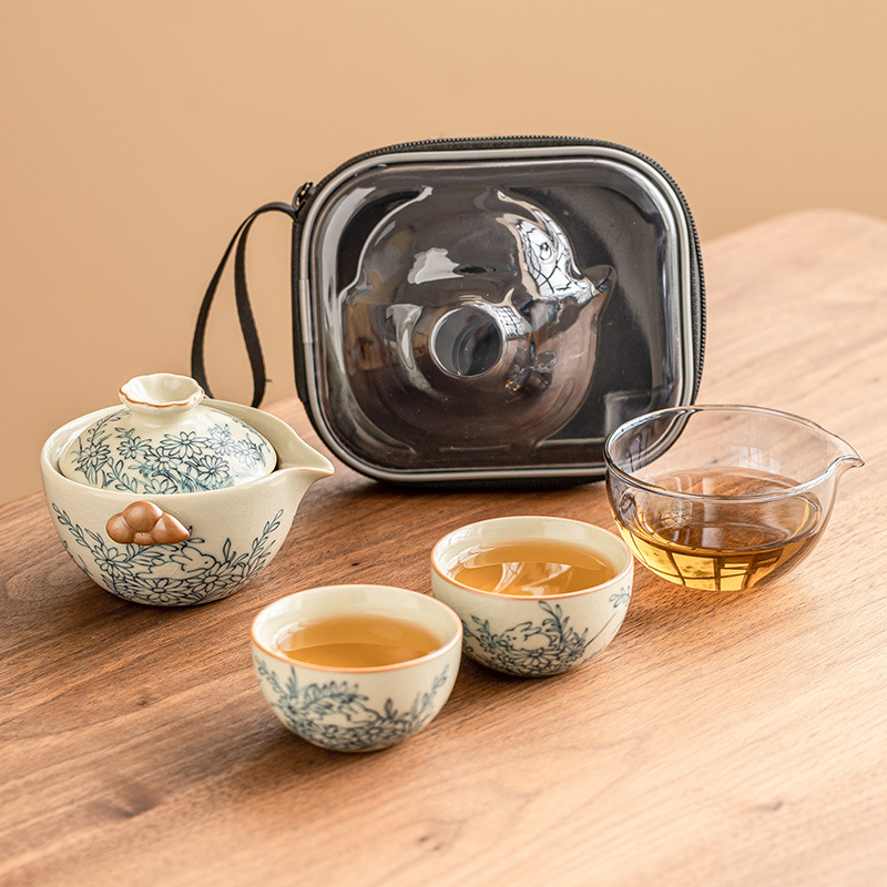 Hoa hướng dương Mengtu Ru lò một bình hai cốc bộ ấm trà du lịch ngoài trời di động ấm trà gốm sứ kiểu Trung Quốc