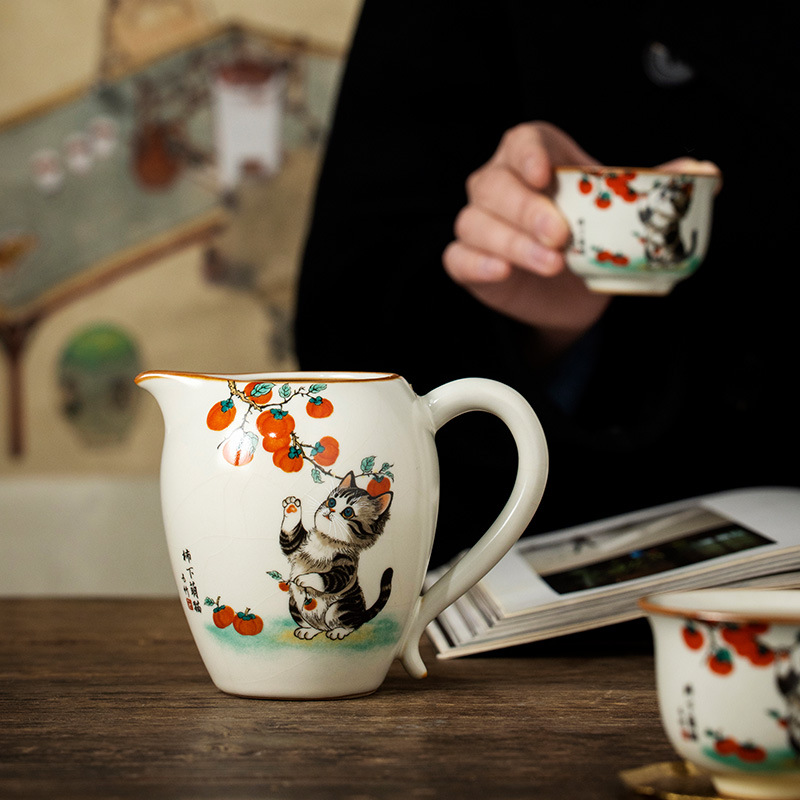 Bộ ấm chén trà Kung Fu gốm sứ màu be Ru Kiln Persimmon mèo dễ thương, chén trà đơn, chia trà.