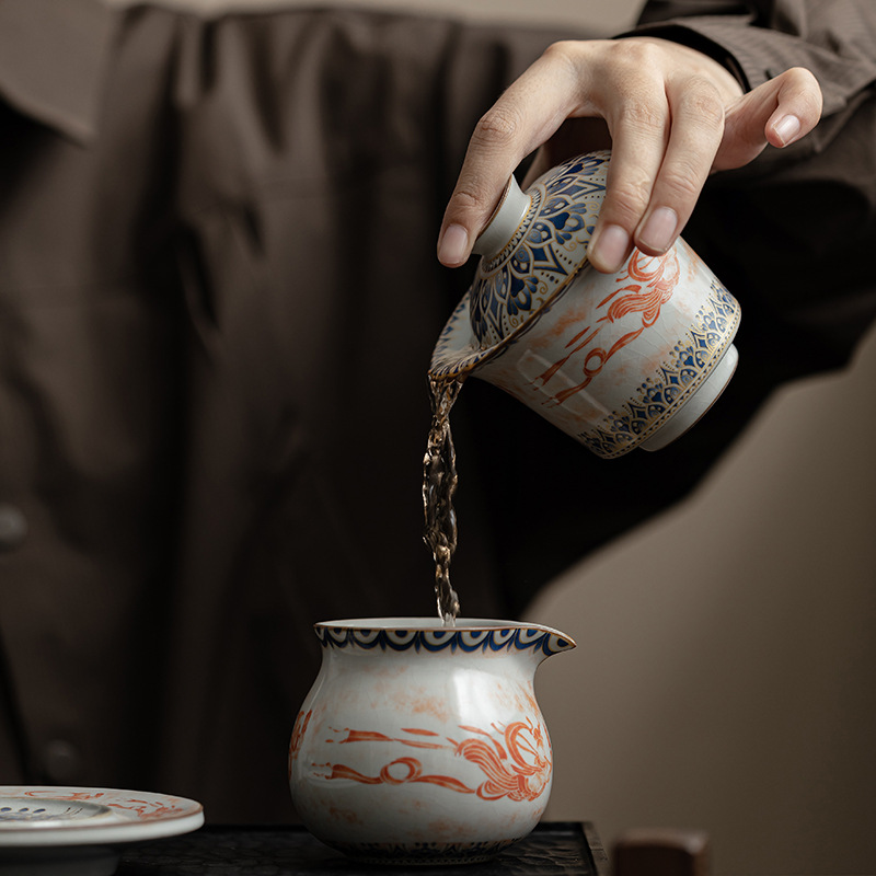 Mô phỏng bát nắp móng ngựa lớn lò Song Ru, bát nắp Đôn Hoàng Feitian Sancai, bộ trà Kung Fu gia dụng, bát pha trà đơn chống bỏng