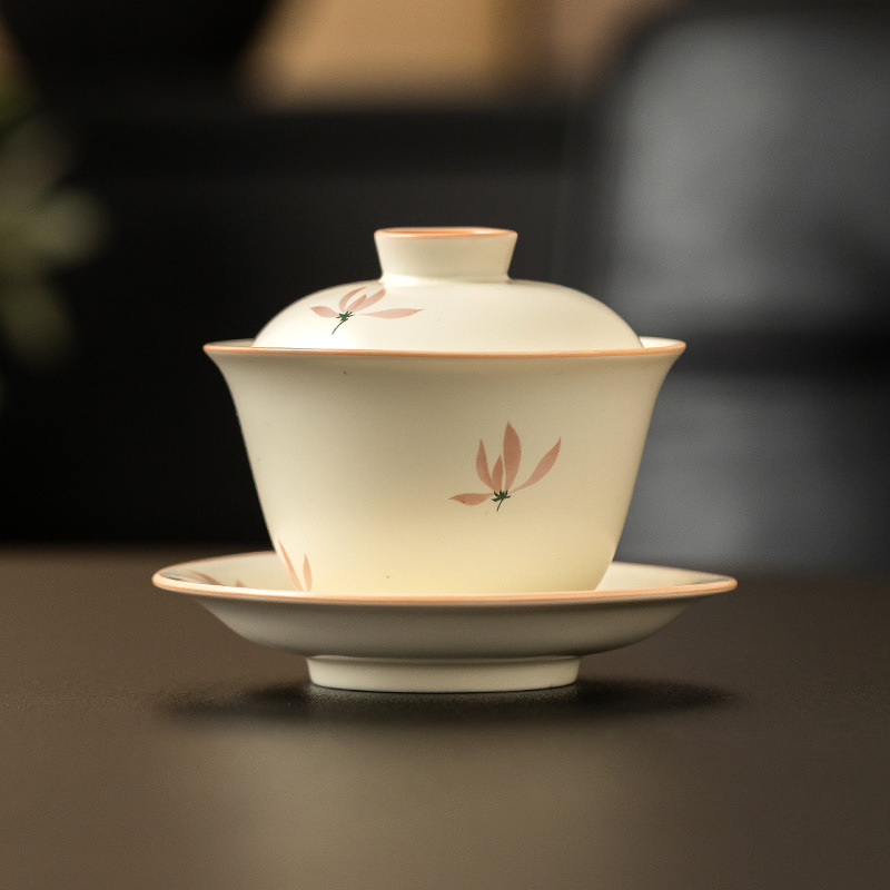 Bát có nắp tinh xảo hoa lan tráng men màu vàng gạo bát trà tam tài cao cấp bộ trà pha trà gia dụng gốm sứ kiểu Trung Quốc dung tích lớn