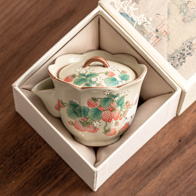 Ấm trà lò Ru Thỏ Dâu ấm trà gia dụng dễ thương Bộ ấm trà Kung Fu cao cấp ấm cầm tay gốm sứ có thể mở