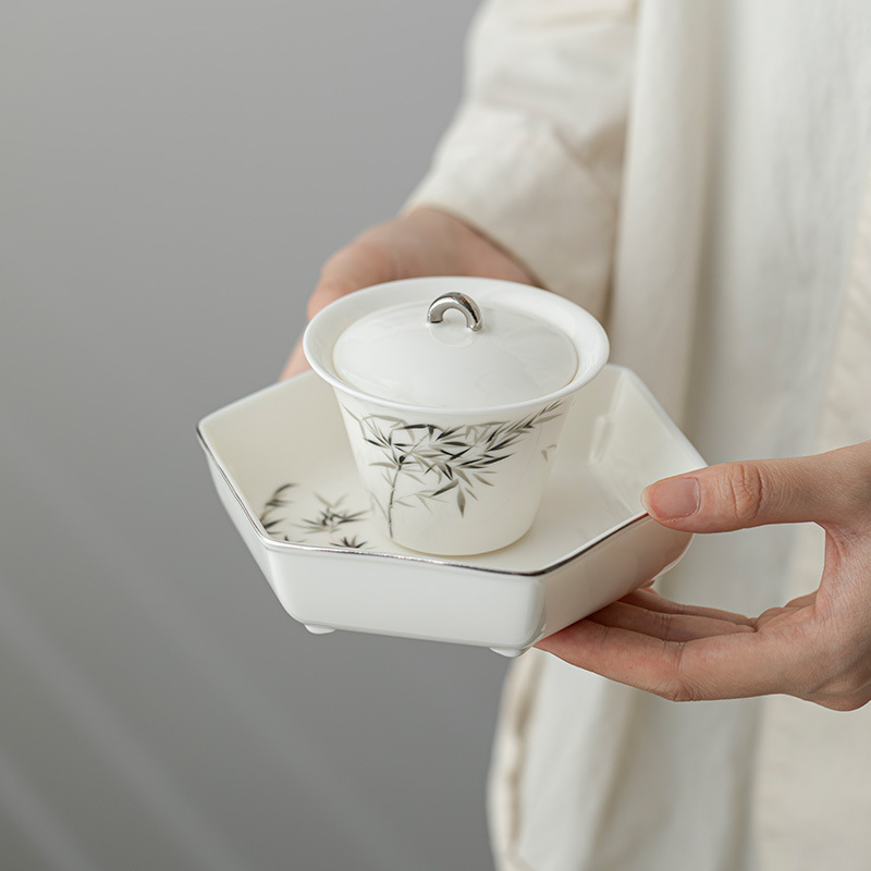 Bộ dụng cụ pha trà bằng tre mực sứ ngọc dê cao cấp sang trọng nhẹ gia dụng cao cấp nắp ấm trà ấm chén trà mẫu mới 2024