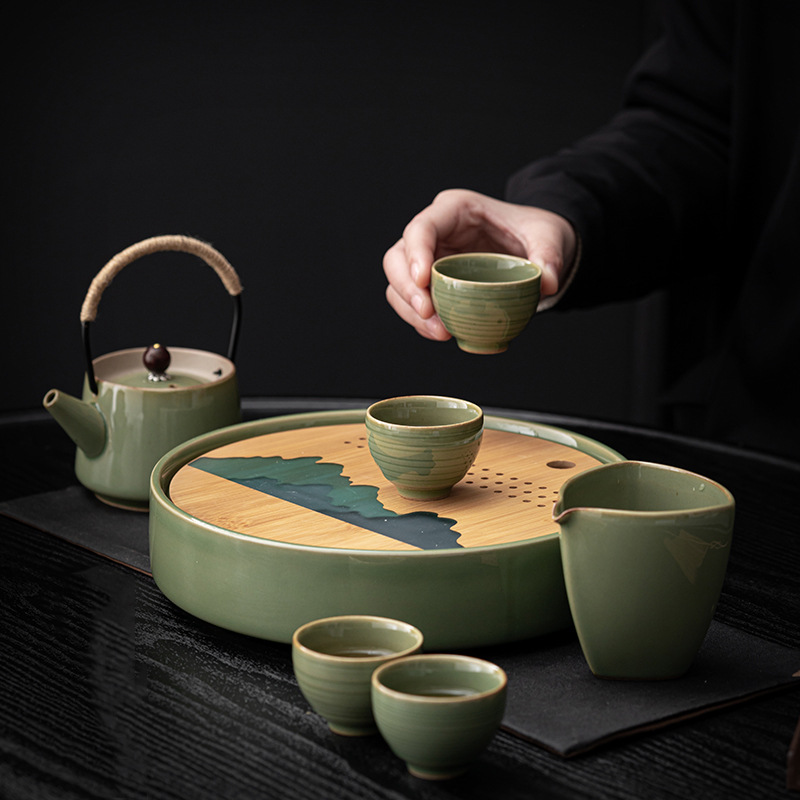 Bộ ấm trà Kung Fu cao cấp ấm trà phục vụ khách phòng khách đơn giản chén trà khay trà bộ dụng cụ pha trà gốm sứ gia dụng
