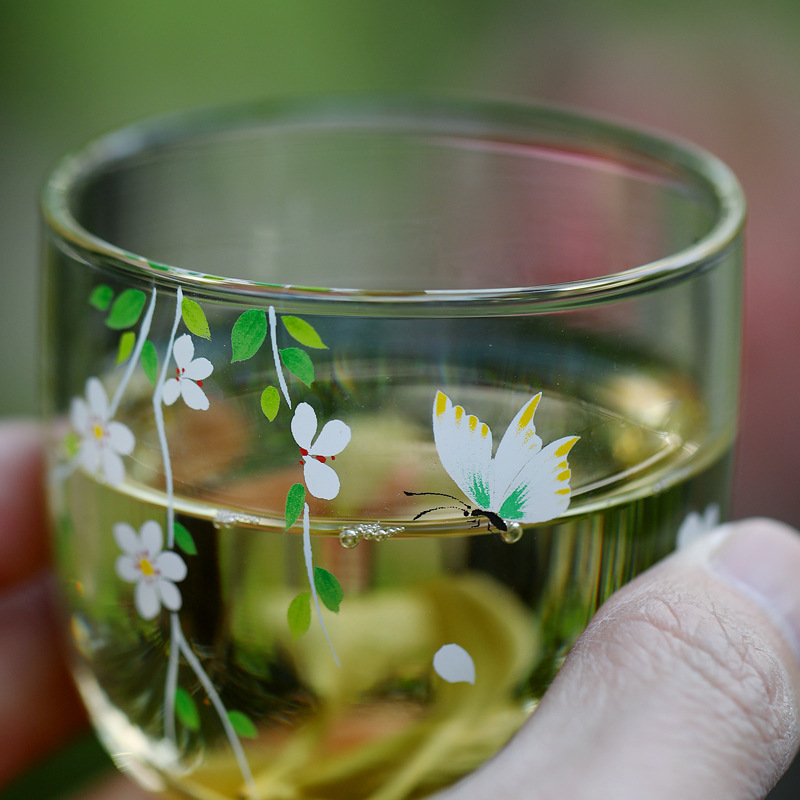 Cốc trà chân cao thủy tinh chịu nhiệt Huachao tươi mát, bộ trà đặc biệt trà xanh, cốc trà, cốc chủ nhân có khay cốc