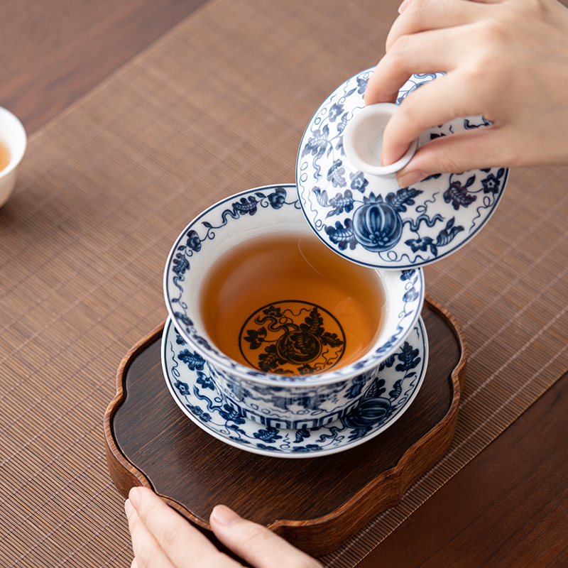 Bát có nắp tam tài màu xanh trắng cổ kiểu Trung Quốc Bát pha trà gốm sứ đơn giản dụng cụ pha trà Kung Fu sứ trắng dùng trong gia đình bát thờ trà