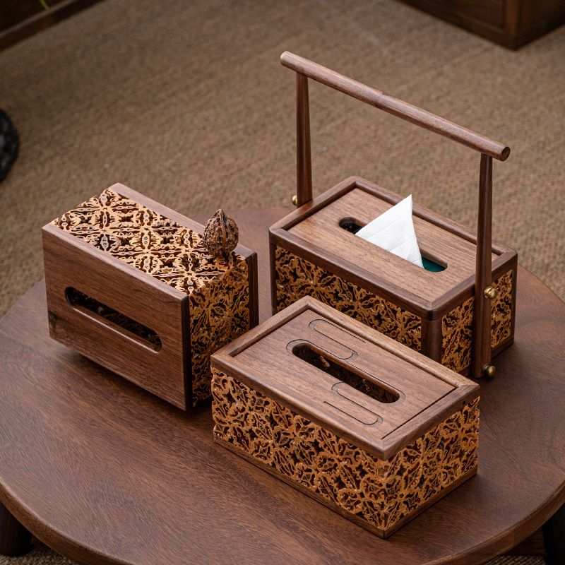 Hộp rút giấy Gỗ Óc Chó đen hộp đựng khăn giấy gỗ rắn kiểu Trung Quốc mới nhẹ sang trọng phòng khách nhà hàng bàn ăn khách sạn hộp Rút Khăn ăn