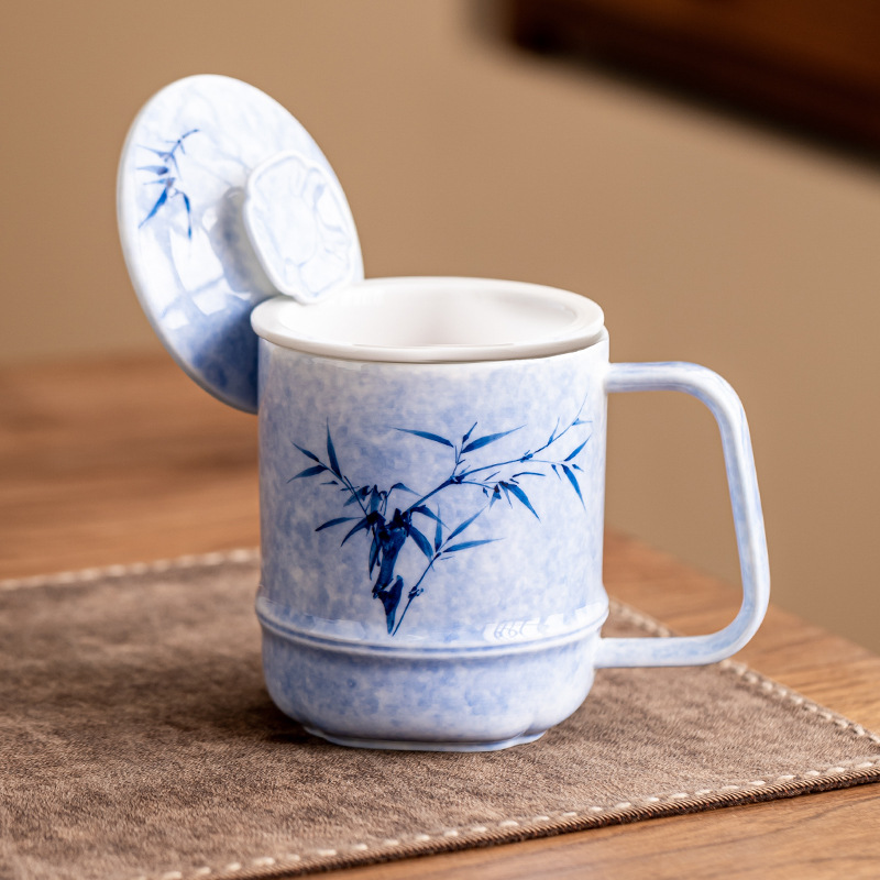 Vẽ tay nhuộm mực trà phong lan trà tre tách nắp treo cốc nước văn phòng cốc nước thanh lịch có nắp cốc pha trà kiểu Trung Quốc