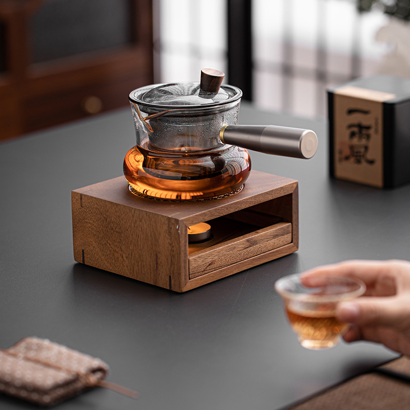 Bộ ấm trà vuông gỗ óc chó, ấm trà bên hông kính, ấm trà gia dụng, đế đun trà, trà đạo Kung Fu