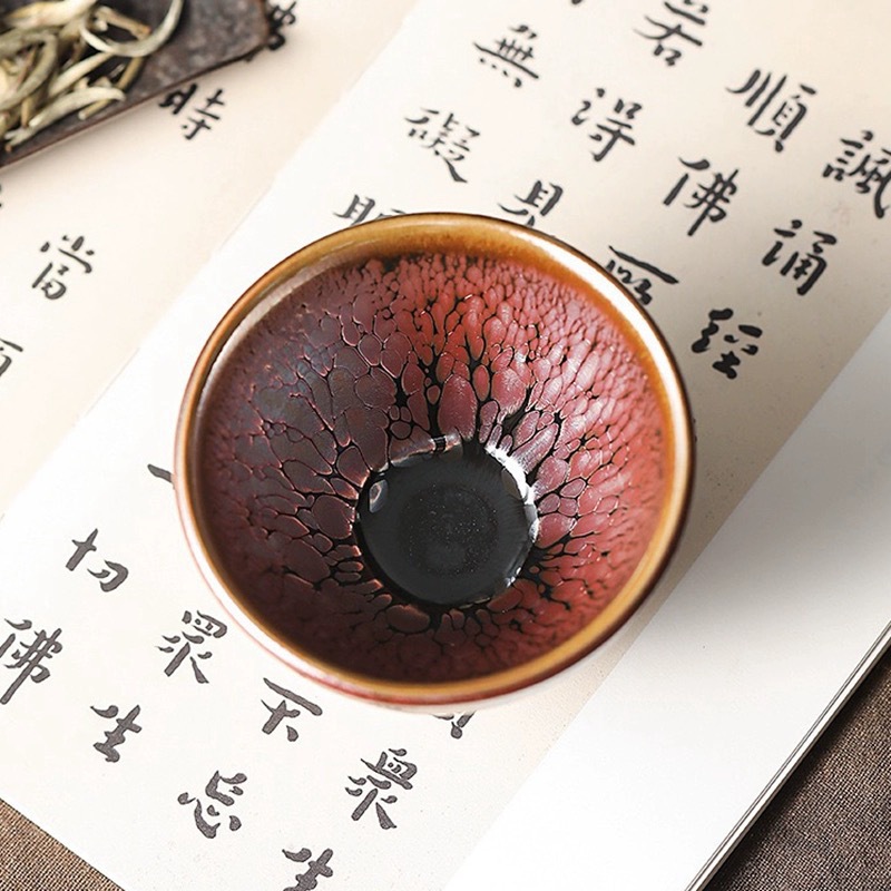 Nghệ thuật khắc hoa Zijin Jianzhan Chén trà Jianyang tinh khiết thủ công màu vàng giọt dầu bào sắt quặng thô men chủ nhân chén trà cốc