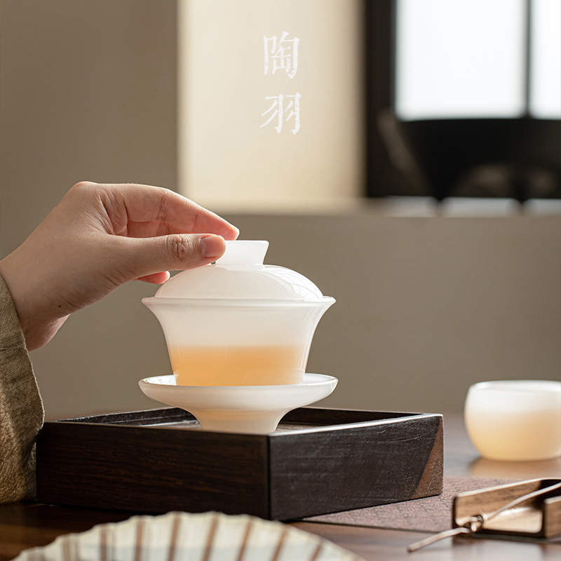 Cốc trà có nắp ba màu, cốc trà, bộ trà thủy tinh chống bỏng một tay, bát trà, bát có nắp sứ ngọc trắng, cao cấp có nắp