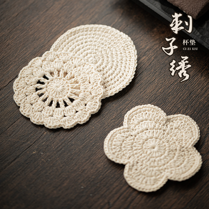 Lót cốc thêu gai màu trắng gạo Phụ kiện bộ trà kungfu gia dụng Lót cách nhiệt chống bỏng vải thủ công Lót trà thấm nước bọt khô