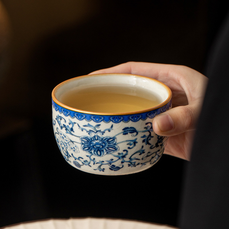 Cốc chủ nhân cao cấp Ru Kiln màu xanh và trắng với hoa sen