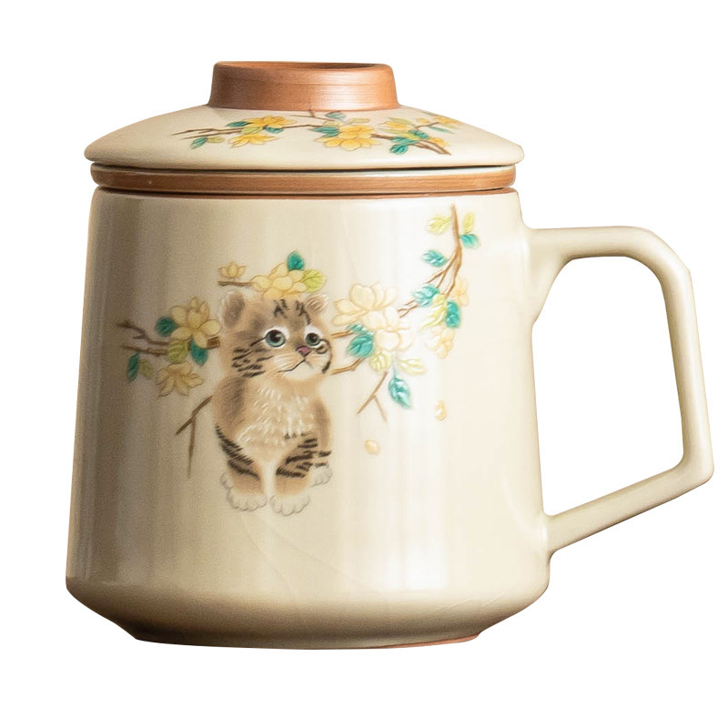 Cốc trà mèo dễ thương Ru Kiln cốc tách trà cốc cốc cốc cốc nước văn phòng cá nhân có nắp đậy bằng gốm hộp quà