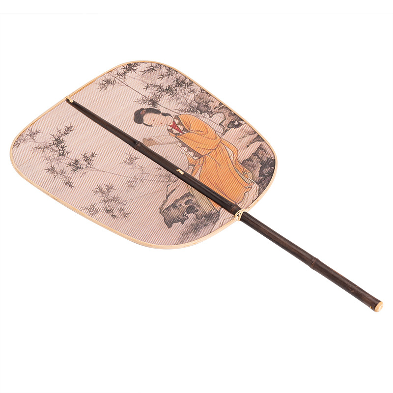 Quạt nhỏ satin đan tre thủ công quạt lớn Quạt tre Trung Quốc sơn mài lớn quạt đuôi quạt tre dày Quạt Gỗ Xanh