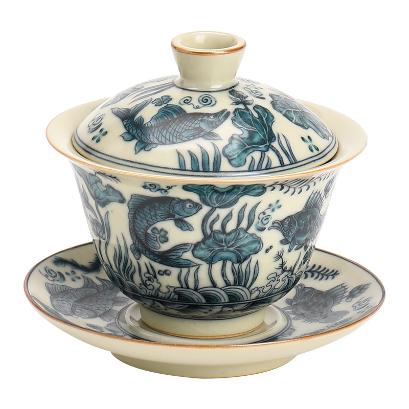 Bát có nắp tam tài hoa văn tảo cá lò Song Ru kiểu Trung Quốc