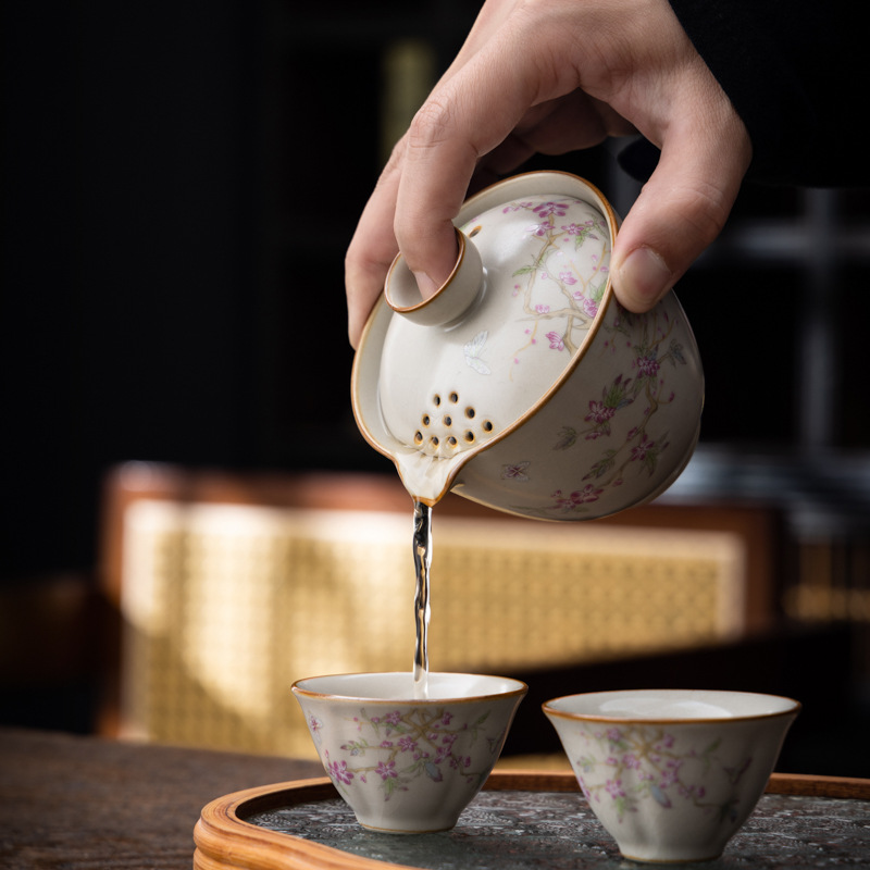 Bộ ấm trà du lịch di động lò Ru màu be cốc khách nhanh một ấm ba cốc ấm trà ngoài trời ấm trà in logo