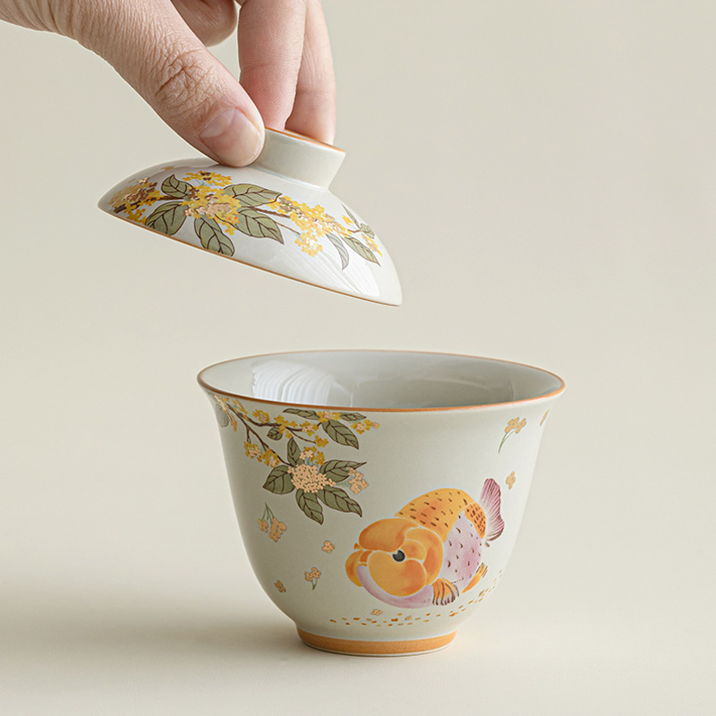 Bát có nắp hai cá osmanthus vàng xám thực vật phong cách quốc gia Bộ trà Kung Fu gốm sứ gia dụng Bát pha trà Trung Quốc Bát trà