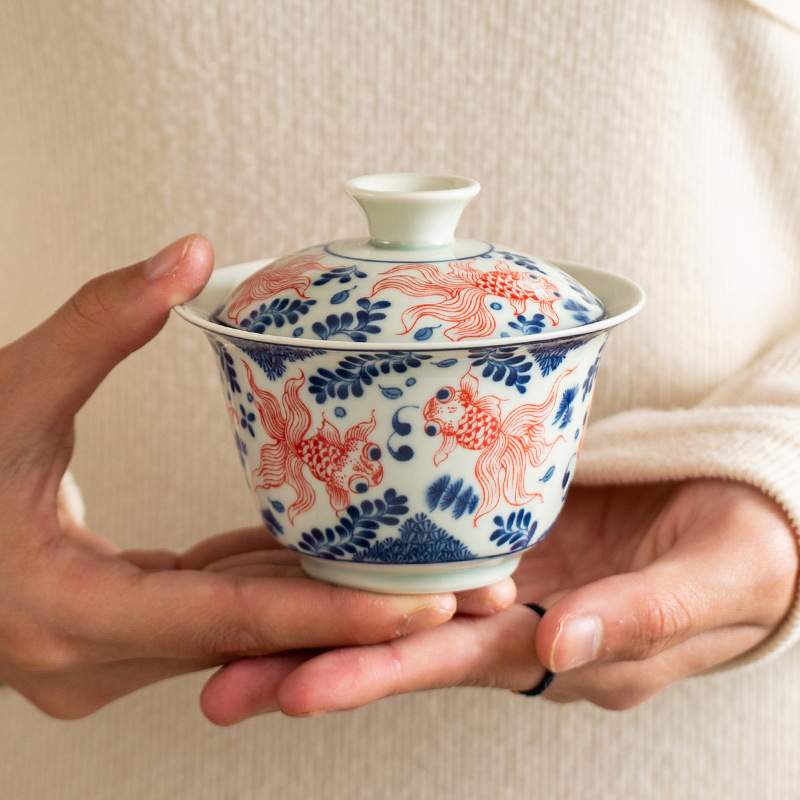 Bộ ấm chén trà Kung Fu cổ điển men gốm Sancai phủ men xanh trắng, có nắp, chén lớn, cao cấp, có thể để trên bàn