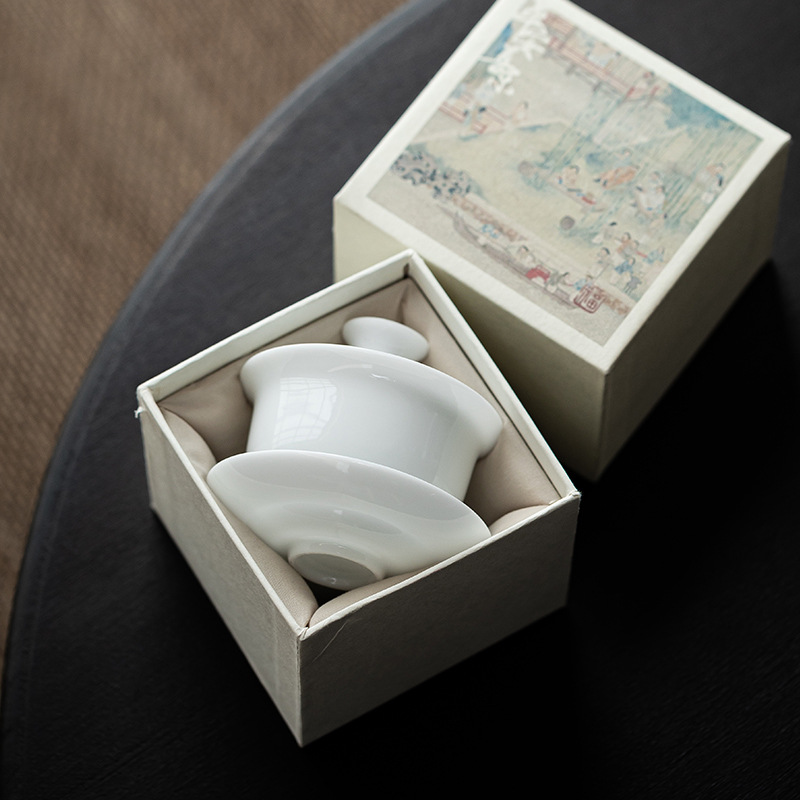 Bát có nắp tròn bằng sứ ngọc bích loại đá bát có nắp bằng gốm sứ thủ công Cốc pha trà Bát tam tài Bát trà gia dụng Hộp quà tặng