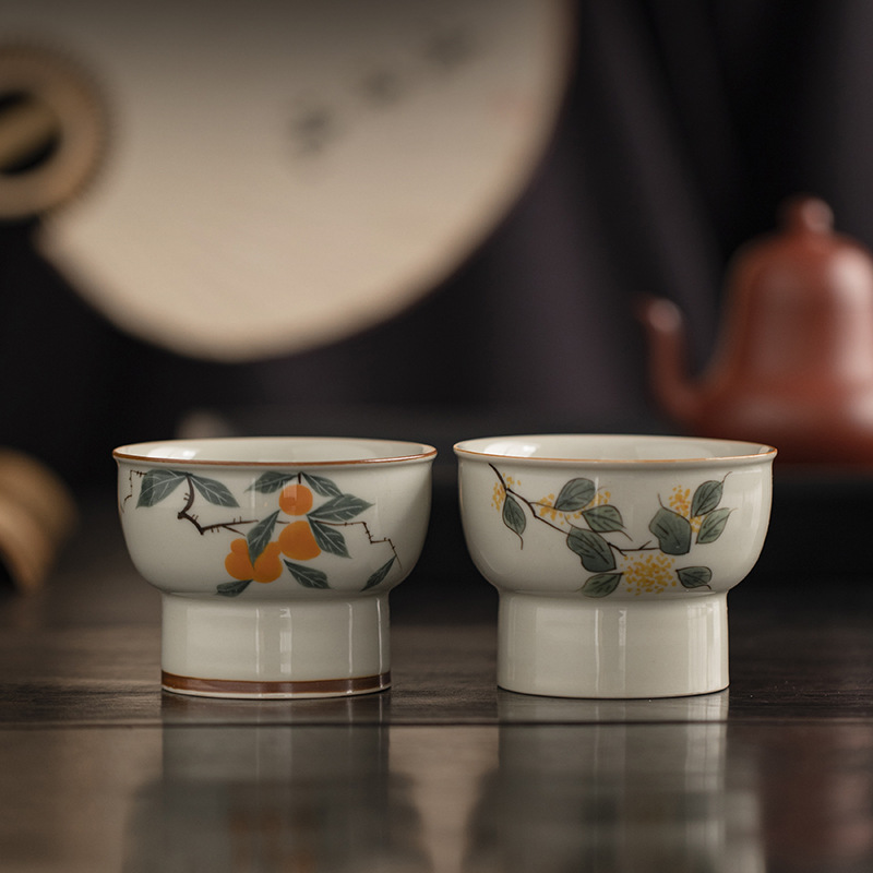 Cốc chủ nhân chân cao vẽ tay màu xám thực vật cốc trà gốm sứ dụng cụ trà kungfu cốc đựng trà gia dụng cốc cao cỡ lớn