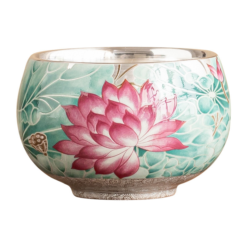 Cốc trà gốm sứ ánh trăng ao sen mạ bạc 999 tách trà cốc chủ nhân cổ điển Trung Quốc cốc trà chuyên dụng cá nhân cốc đơn