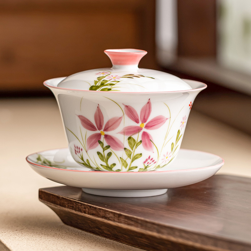 Vẽ tay hoa cúc, chuồn chuồn, bát nắp ba tài, cốc trà, bộ trà Kung Fu gốm sứ dung tích lớn, bát pha trà có nắp dùng trong gia đình