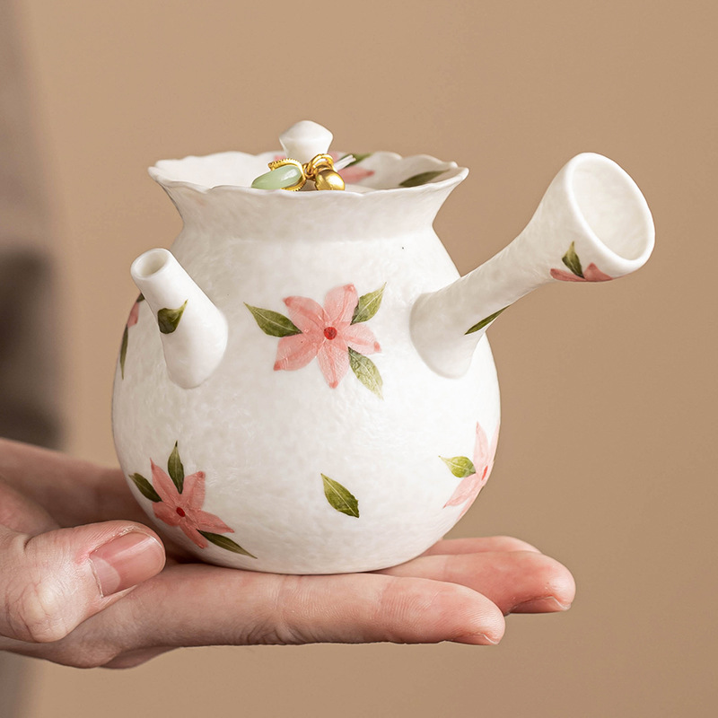 Ấm trà tay cầm bên hoa anh đào trắng mỏ đá ấm trà pha trà tay chống bỏng tinh xảo cao cấp ấm trà gốm sứ gia dụng dụng cụ trà kungfu