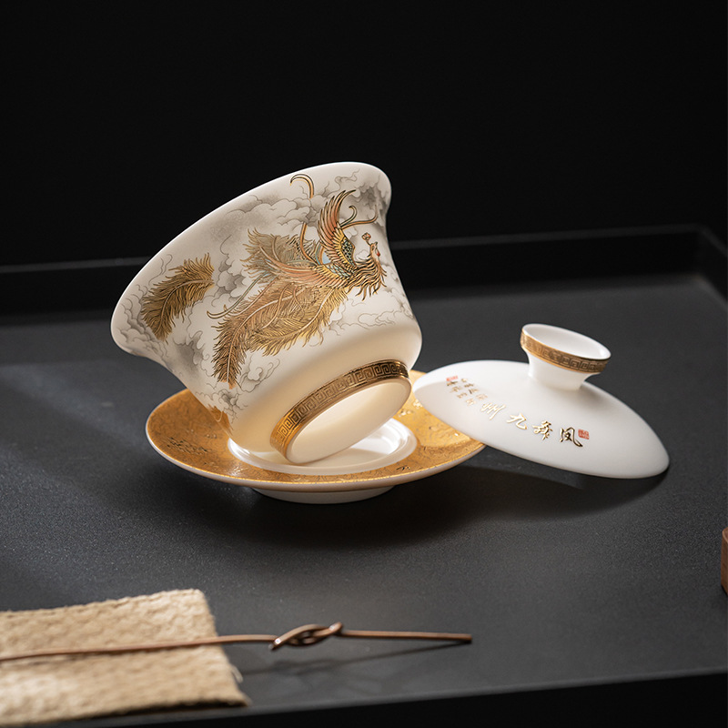 Cao cấp mỡ cừu ngọc sứ long phượng tam tài bát trà cốc pha trà bào mỏng bát pha trà công phu có nắp ấm tay cỡ lớn
