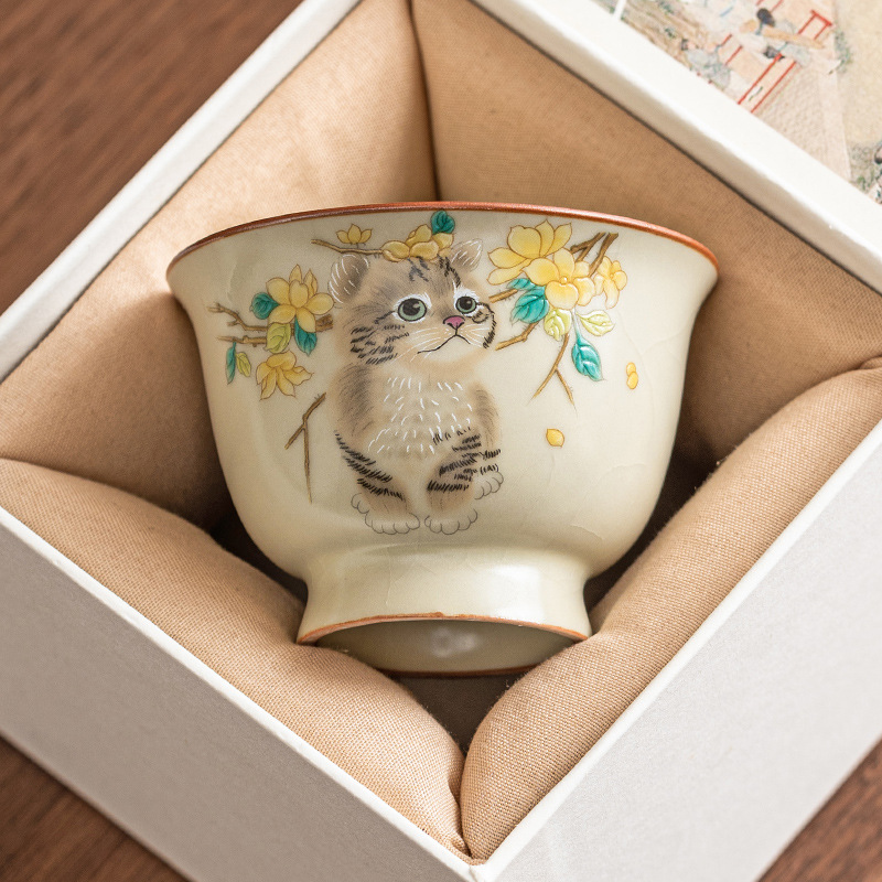 Cốc chủ nhân mèo dễ thương Ruyao cốc đơn cá nhân có thể mở bộ trà Kung Fu gốm sứ Trung Quốc cốc trà nhỏ cốc trà gia dụng