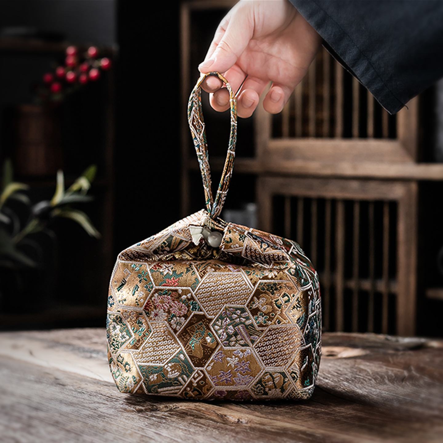 Túi đựng bộ ấm chén trà thêu, một ấm và hai chén, túi đựng bộ ấm chén du lịch, túi vải lớn tiện mang theo