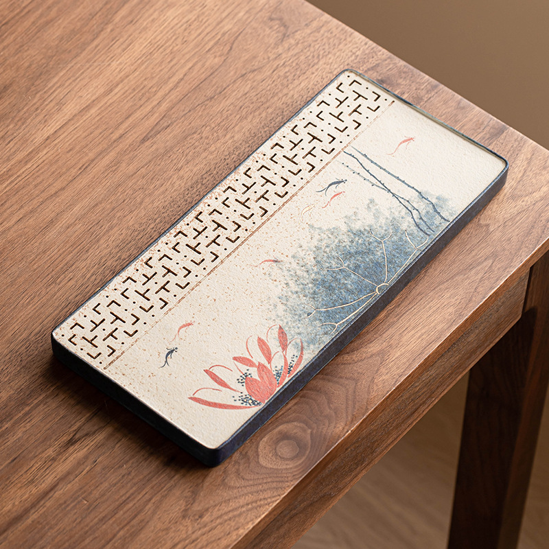 Khay trà đen đá lửa trắng xanh khay trà cá koi hoa sen mẫu mới 2025 khay trà pha khô khay trà biển ấm lót trà