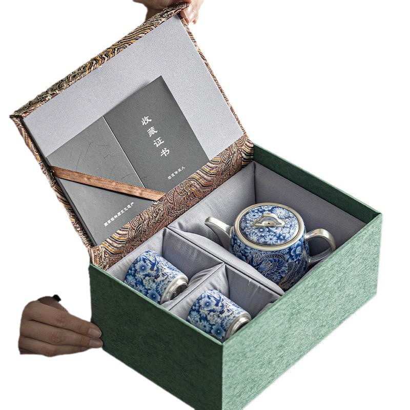Bộ ấm trà bạc rồng phượng cao cấp bộ trà bạc mạ bạc thủ công quà tặng tay bộ trà Kung Fu cầm tay hộp quà tách trà