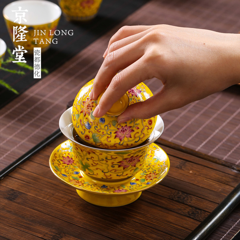 Bát trà tam tài tráng men Jinglongtang cốc trà gốm sứ công phu cốc trà cổ điển cỡ nhỏ bát pha trà gia dụng