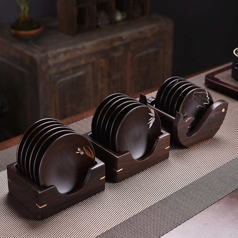 Lót tách trà gỗ Solid gỗ mun gia dụng Phụ Kiện Bộ trà Kungfu cổ điển đệm cách nhiệt đệm trà đạo cao cấp sang trọng nhẹ