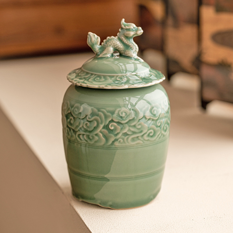 Bình đựng trà cổ kiểu Trung Quốc men ngọc Yue Kiln, bình đựng trà gốm sứ gia dụng, bình chống ẩm, xách tay