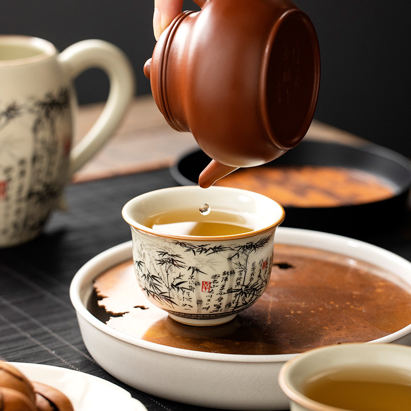 Bộ tách trà chân tròn bằng tre mực Ru Kiln cốc gia chủ cốc gốm sứ có thể nâng cốc cá nhân cốc uống trà kiểu Trung Quốc