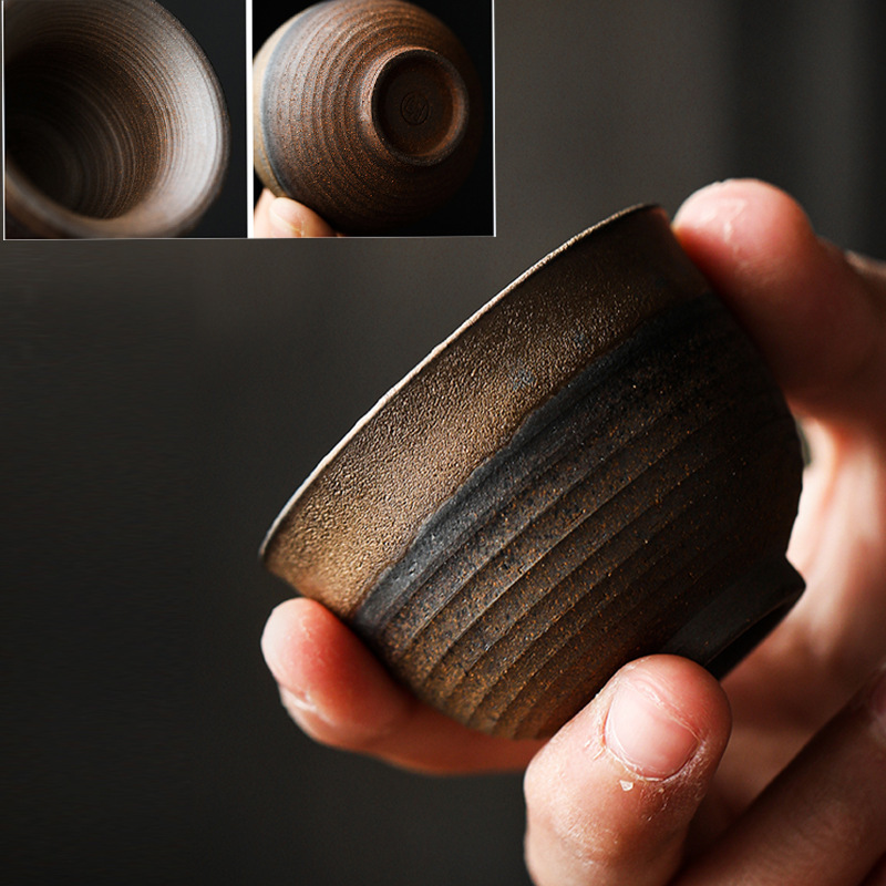 Cốc trà gốm thô, cốc trà gốm sứ, bộ trà kung fu gia dụng cổ điển, cốc đơn, bát trà nhỏ, cốc chủ nhân, bán buôn mạ vàng