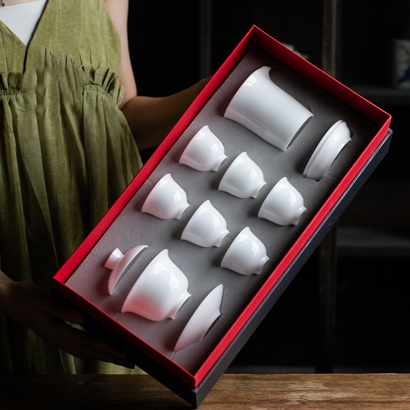 Bộ ấm trà Kung Fu bằng sứ ngọc bích mỡ cừu sang trọng cao cấp bộ đồ gia dụng cốc trà gốm sứ văn phòng có nắp hộp quà