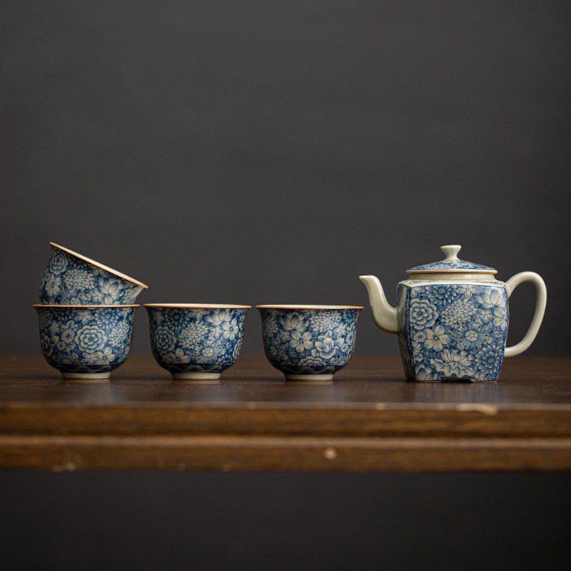 Ấm trà xanh cổ dụng cụ trà kungfu bộ nhỏ bộ một ấm bốn cốc gia dụng bán buôn quà lưu niệm cao cấp