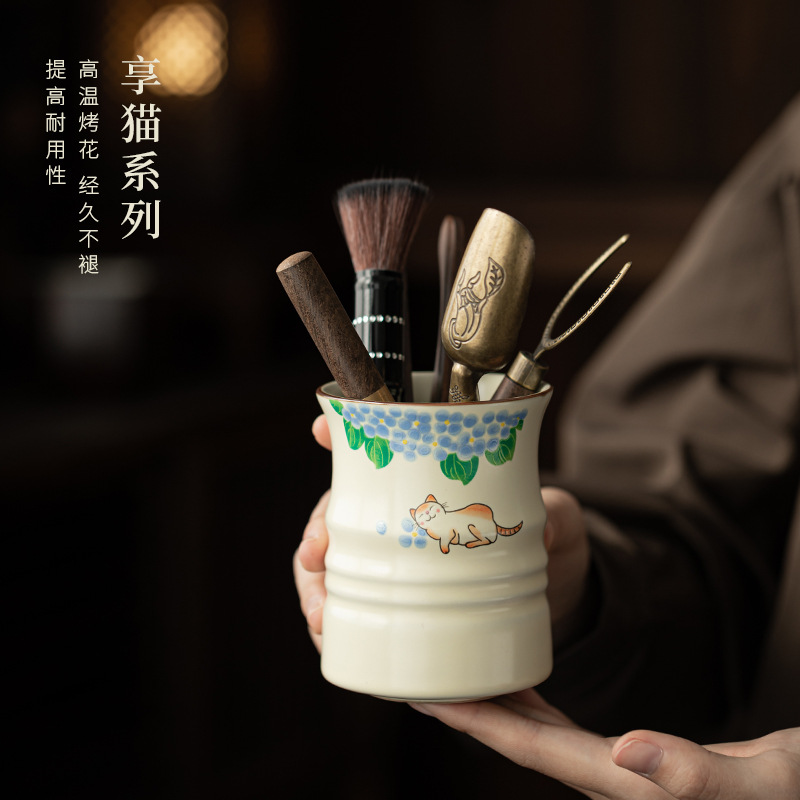 Ru Kiln Thưởng thức trà đạo mèo sáu quý ông phụ kiện bộ trà gia đình có thể mở được ống lưu trữ gốm sứ ống đơn xẻng trà ống đơn bút