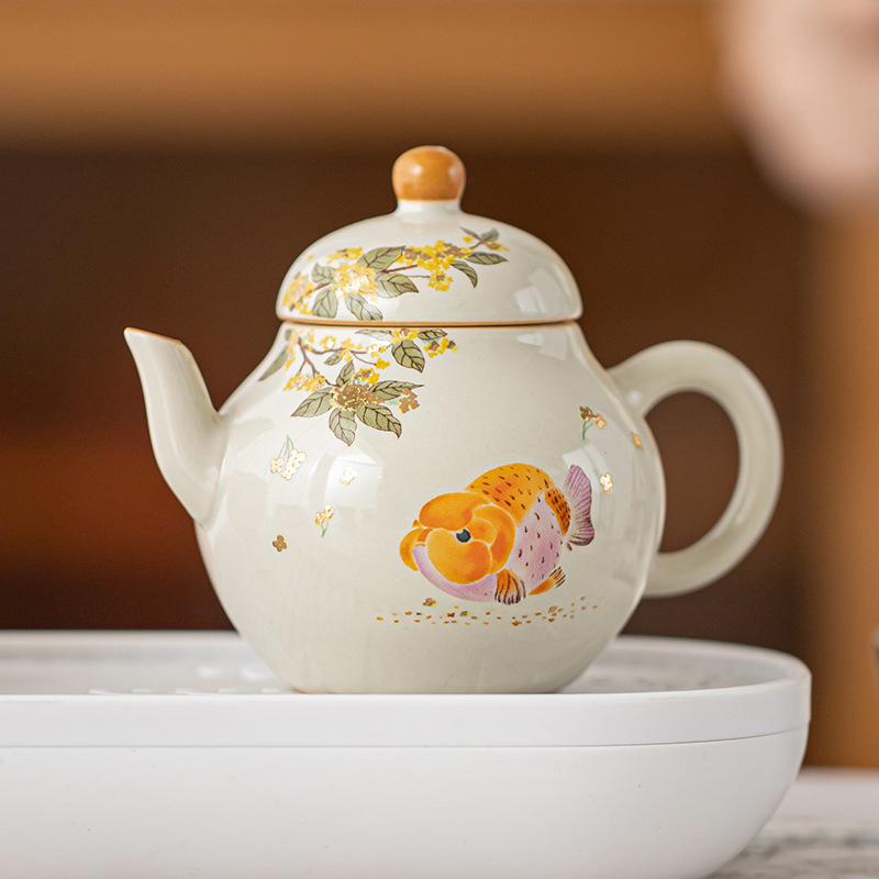 Ấm trà màu xám cỏ cây phong cách Trung Quốc Zen Osmanthus Golden Fish Ruyi Ấm cầm tay tinh xảo Ấm trà đơn